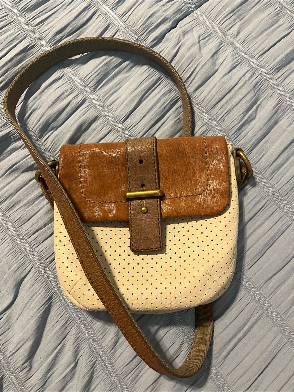 Fossil Cream Perforated Crossbody with Tan/Brown Leather Flap